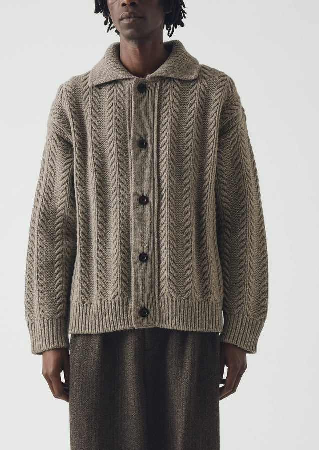 Collared Aran Wool Cardigan | Stone